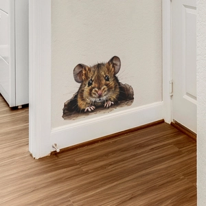 3D cute brown mouse hole wall sticker for living room decor with watercolor illustration