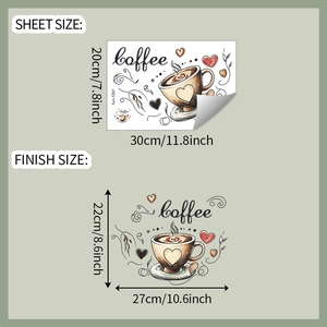 Detail view of coffee cup wall stickers with dimensions 20x30cm and finished size layout