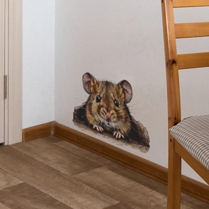 3D realistic mouse hole wall sticker showing a cute mouse peeking through the wall