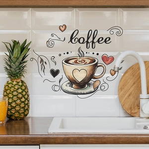 Artistic coffee cup wall sticker with hearts on white kitchen tile for home decor