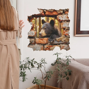 3D Wandtattoo mit Braunbär und Durchbruch-Optik in roter Ziegelwand für Wohnzimmer