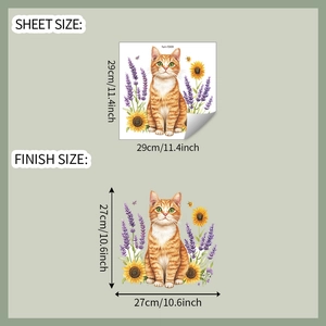 Detailed dimensions of orange cat and sunflower wall decals with sheet and finish sizes