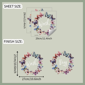 Dimensions détaillées des stickers muraux buanderie avec taille de feuille et taille finale