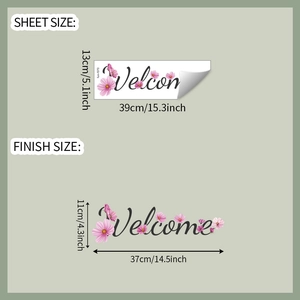 Detail showing dimensions of Welcome wall sticker with pink flowers on sheet and wall