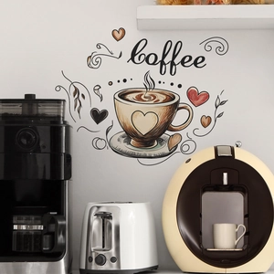 Artistic coffee cup wall decal with heart patterns and coffee script for home kitchen decor