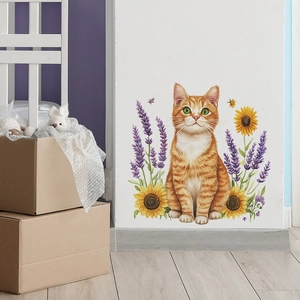 Cartoon Orange Cat Sunflower Lavender PVC Wall Sticker Pastoral Style Decorative Removable Decal For Bedroom Living Room