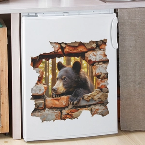 3D Wandtattoo mit Braunbär und roter Backsteinwand für die dekorative Heimgestaltung
