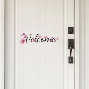 Welcome Sign Floral Door Sticker PVC Pink Cosmos Flower Wall Decal For Bedroom Study Modern Home Background Decoration