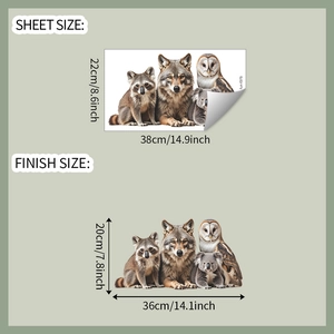 Detail view of forest animal window decals showing sheet and application dimensions