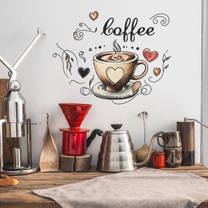 Artistic coffee cup wall sticker with heart and script text in cozy home cafe setting