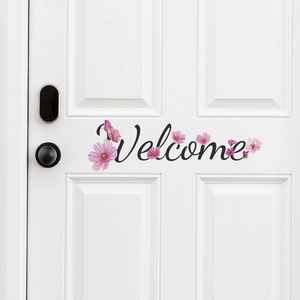 Floral Welcome decal with pink cosmos flowers for bedroom door and wall decoration