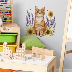 Cartoon orange cat wall sticker with sunflower and lavender for home room decoration