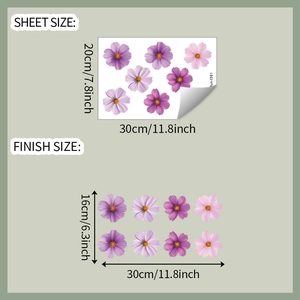 Vue détaillée des stickers muraux fleurs cosmos violets avec dimensions de la planche