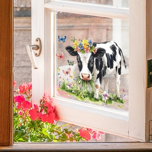 Floral cow window decal with colorful butterflies and grass for balcony glass decor