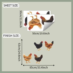 Detailed sizing guide for rooster wall stickers showing layout and finished dimensions
