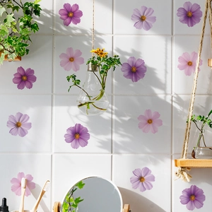 Stickers muraux fleurs de cosmos violettes pour décoration sur carrelage blanc