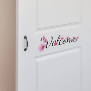 Self-adhesive welcome floral door sticker with pink flowers for bedroom wall decor