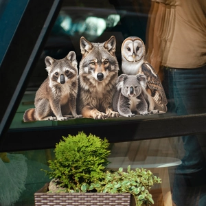 Realistic animal window stickers featuring raccoon, wolf, koala and owl designs