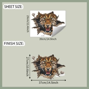 Detailed sheet and finish size specifications for 3D fierce leopard wall sticker