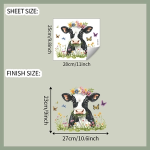 Detail of cartoon cow sticker showing sheet size 28x25cm and finish size 27x23cm