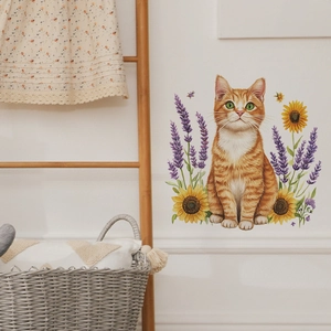 Cartoon orange cat with sunflowers and lavender wall decals for cozy home wall decor