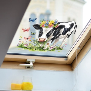 Static cling window film featuring a cow with floral wreath and butterflies for home decor