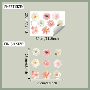 Detailed dimension sheet of floral wall stickers showing 20x30cm size and pink flower patterns