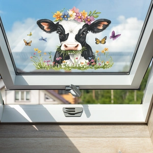 Cow and flower static window stickers on a glass skylight with a blue sky background