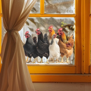 Realistic poultry themed static window stickers with colorful roosters on a glass window