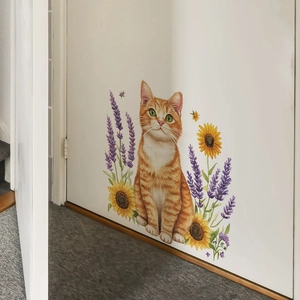 Cartoon orange cat wall sticker with sunflower and lavender for home decoration