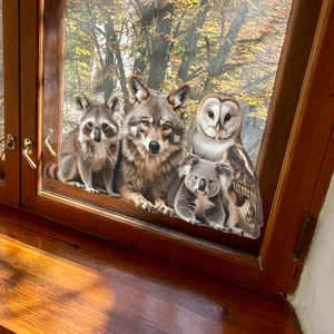 Realistic animal window stickers featuring raccoon, wolf, koala and owl for home decor