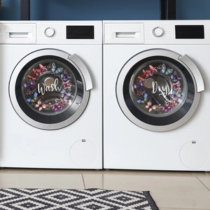 Autocollants couronne florale papillon Wash et Dry pour portes de lave-linge