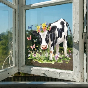 Watercolor cow window static cling with floral wreath and butterflies on glass