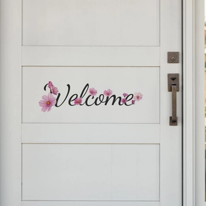 Modern Welcome door sticker with pink floral cosmos patterns for home wall decoration