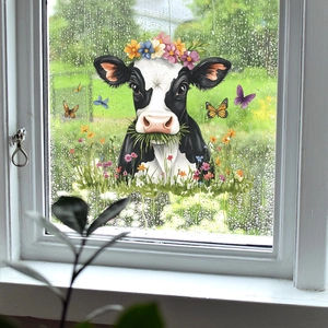 Static cling window sticker featuring a cute cow with flowers and butterflies for glass decor