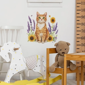 Cartoon orange cat with sunflowers and lavender wall decals for home decor