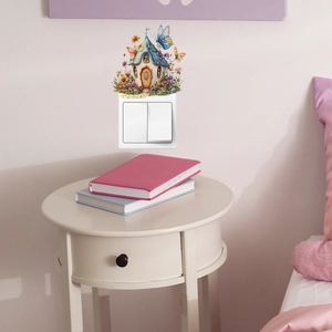 Colorful mushroom house wall sticker with butterflies for light switch home decor