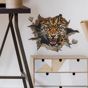 3D fierce leopard breaking through wall wall sticker for modern living room decor