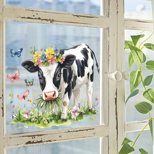 Cartoon Cow Floral Butterfly Window Sticker PVC Static Cling Glass Decal Rural Home Decor Removable Decorative Sticker
