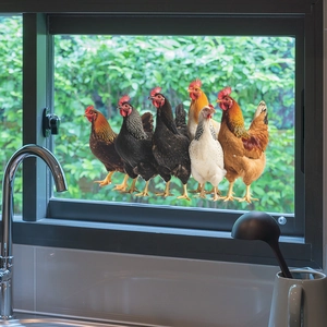 Set of 6 realistic farm rooster and hen window stickers for rustic kitchen glass decor