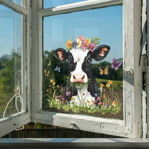 Pastel cow window sticker with floral wreath and colorful butterflies for glass decor