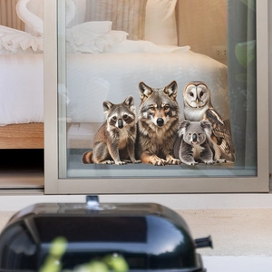 Static window clings featuring realistic raccoon, wolf, koala and owl for home glass decor