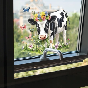 Static cling window sticker featuring a cute cow with flower crown and colorful butterflies