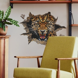 3D wall sticker featuring a fierce leopard breaking through a stone wall in living room