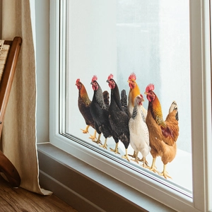 Realistic farm rooster static window decals set on a kitchen glass surface