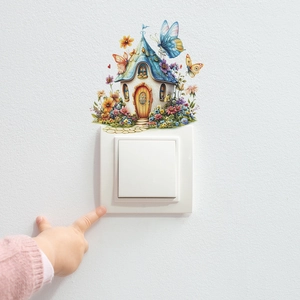 Colorful floral house and butterfly wall sticker decorating a light switch on white wall