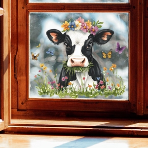 Cow Flower Butterfly Static Cling Window Sticker Pastoral PVC Glass Decal For Home Living Room Bedroom Decoration