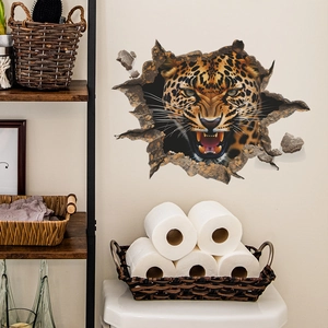 3D fierce leopard breaking through wall decal for home living room background decor