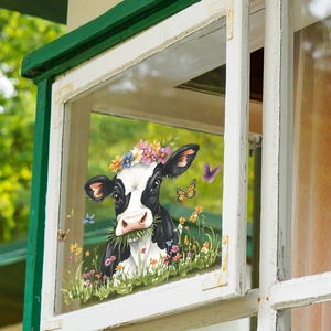 Cow floral static window sticker with butterfly and meadow design for glass decor