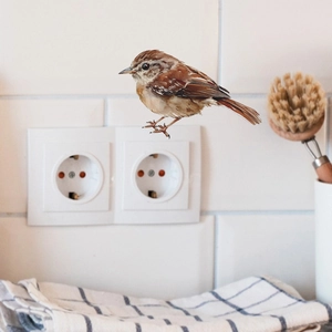 Sticker mural oiseau peint à la main décorant un mur blanc près d'une prise murale